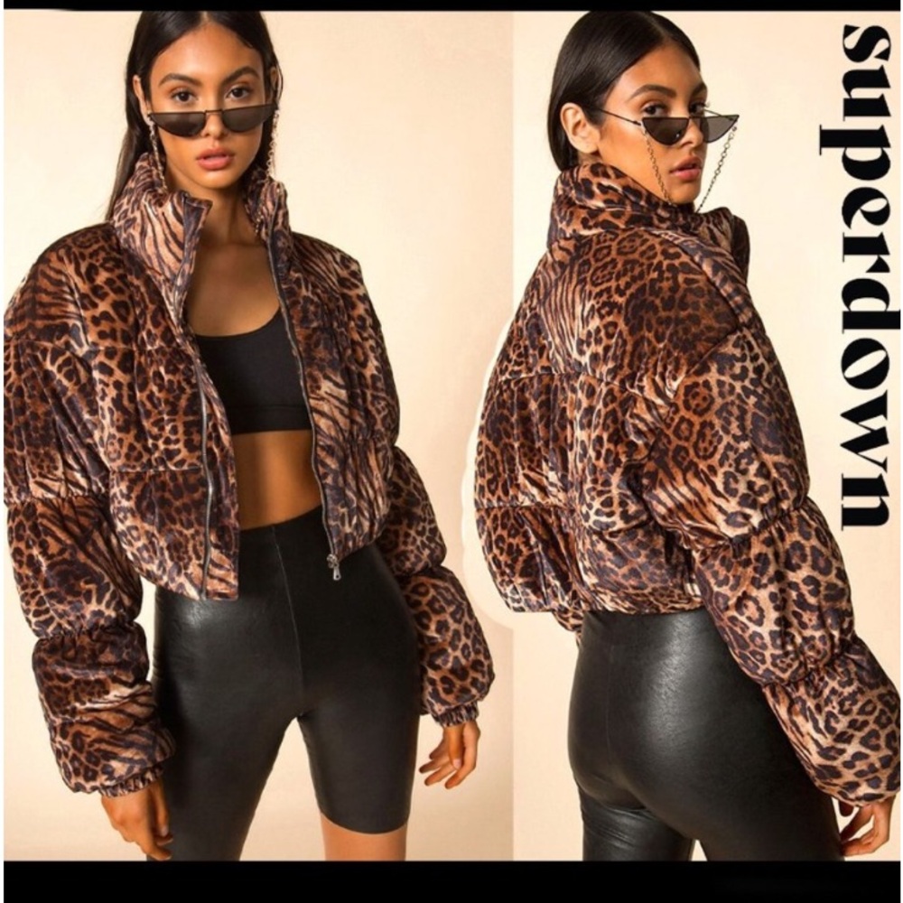 Super Down Tiger Mist Leopard Print Velour Cropped Puffer Jacket Small